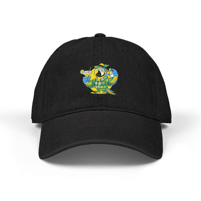 Black cap with a colorful parrot design on a white background