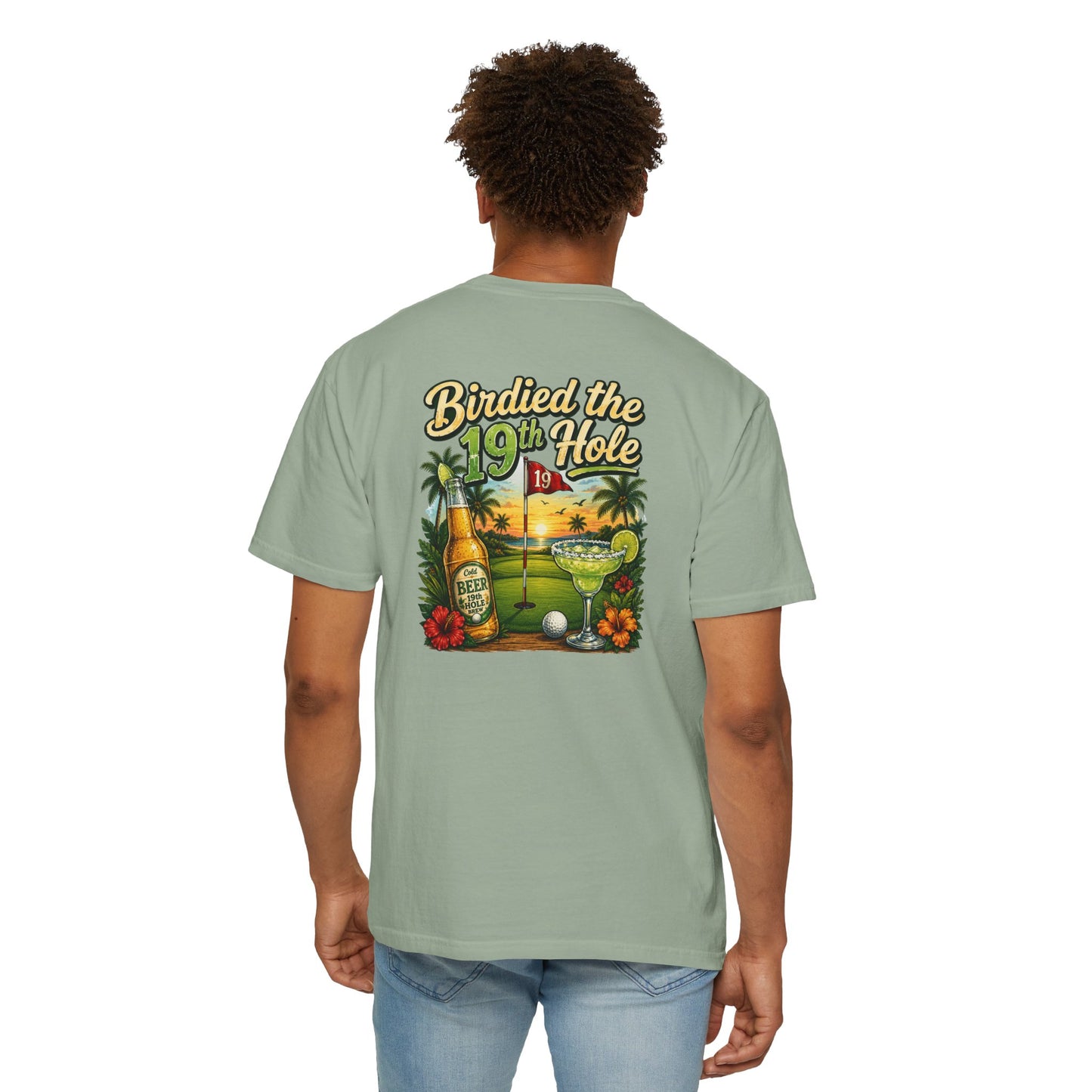 Golf T-Shirt — 'Birdied the 19th Hole' Tropical Golf Beer Design