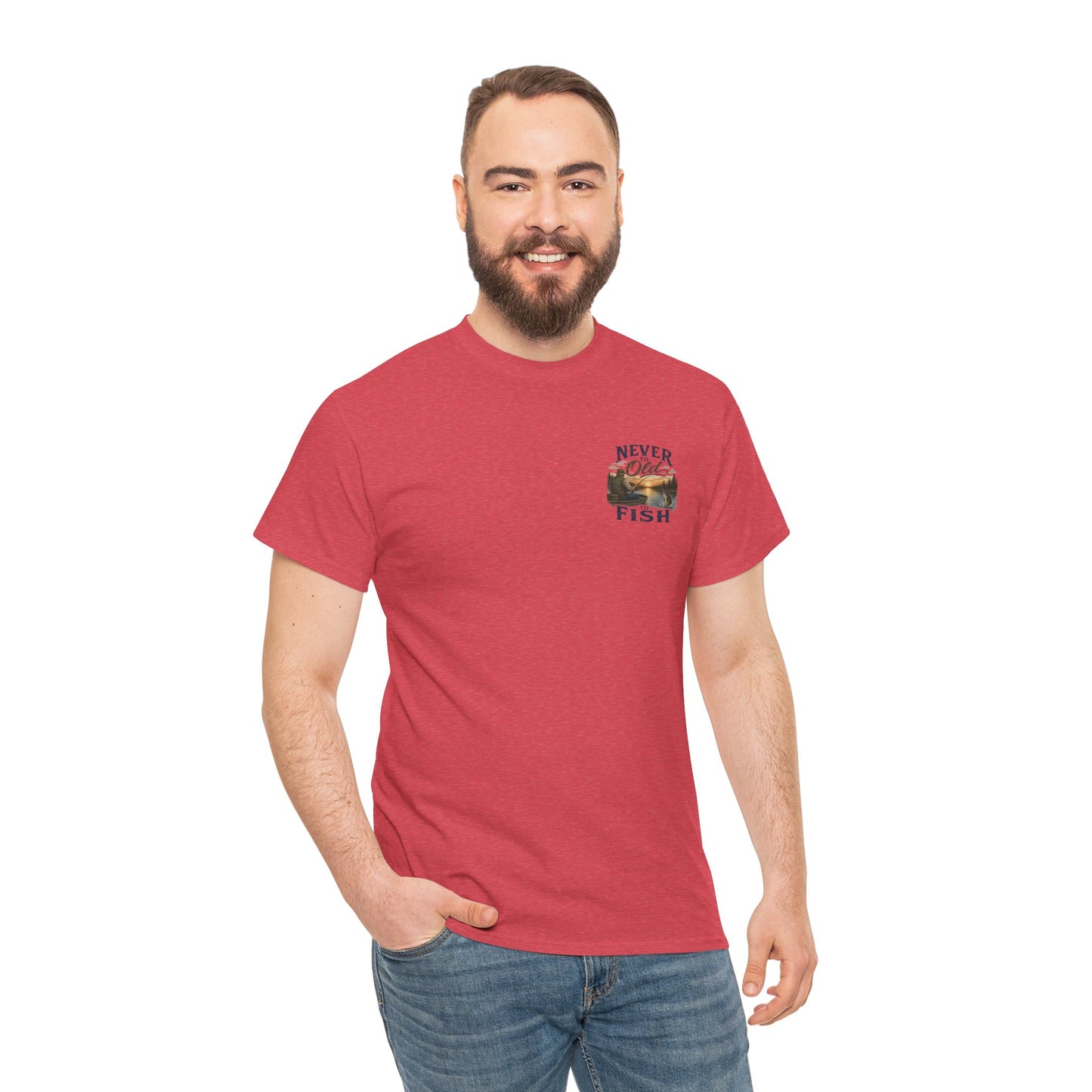 T-Shirt — "Never Too Old to Fish" Fishing Tee (Sunset Lake Design)