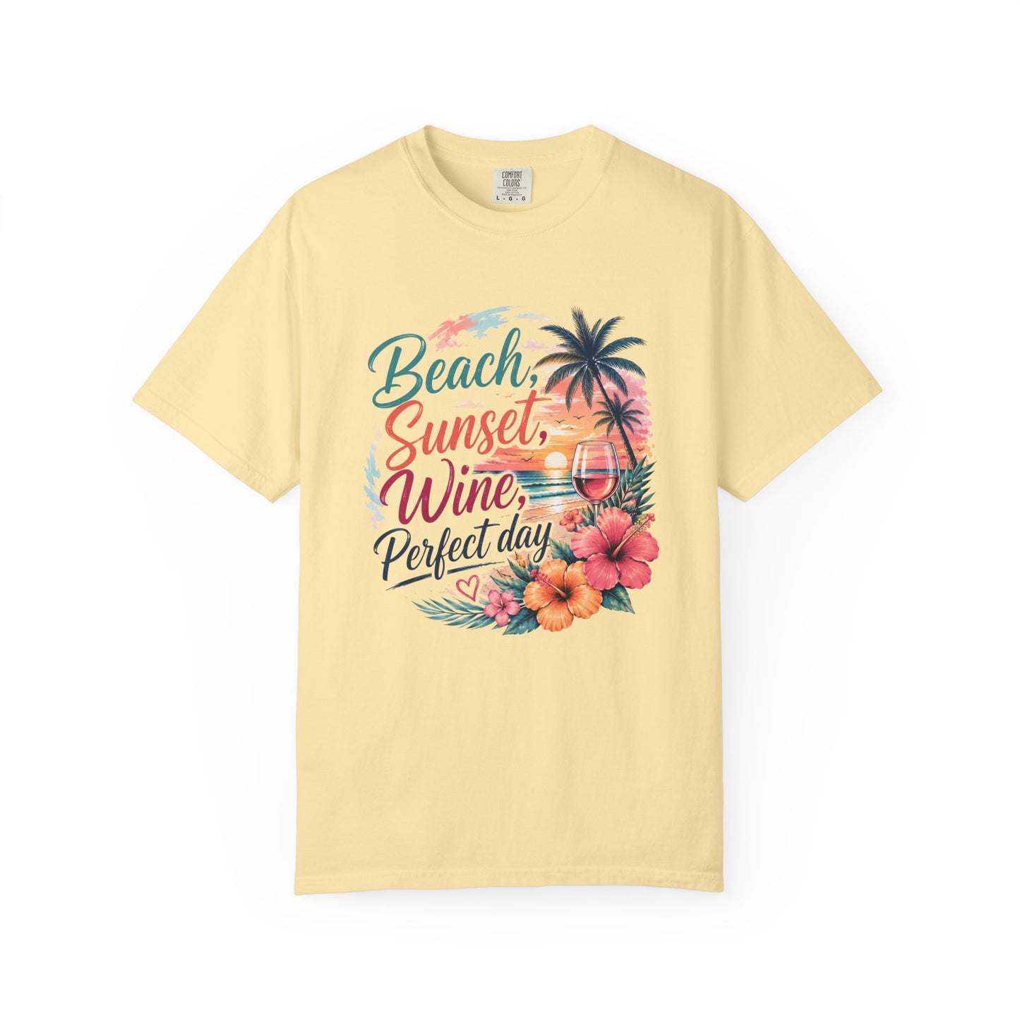 Beach Sunset Wine T-Shirt — "Beach, Sunset, Wine, Perfect Day" Tropical Graphic Tee