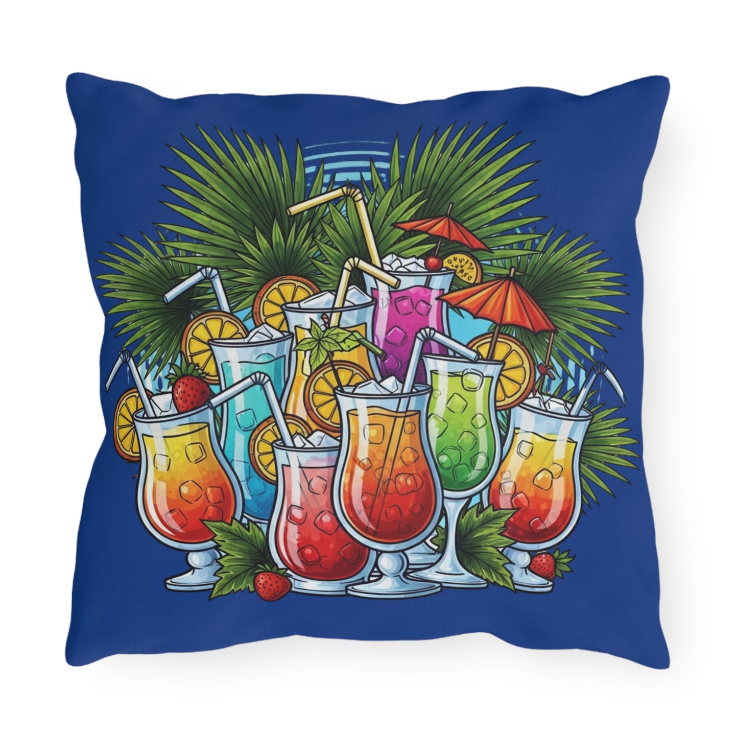 Decorative pillow with colorful tropical drinks design on a blue background