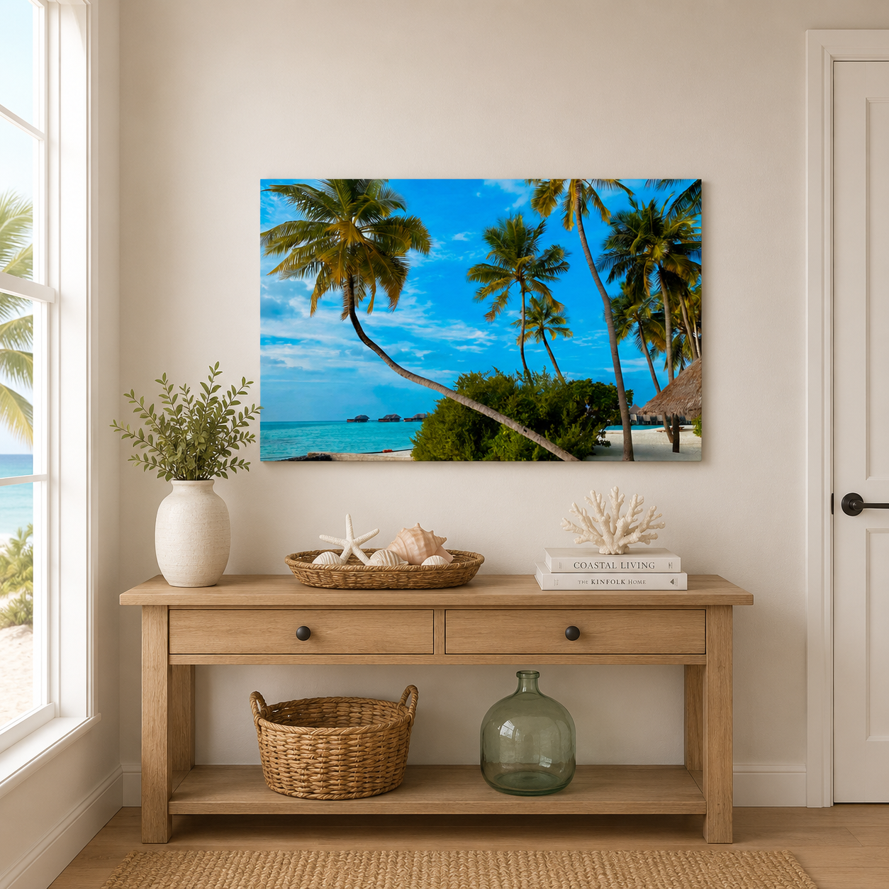 Beach-themed wall art above a wooden console table with decorative items.