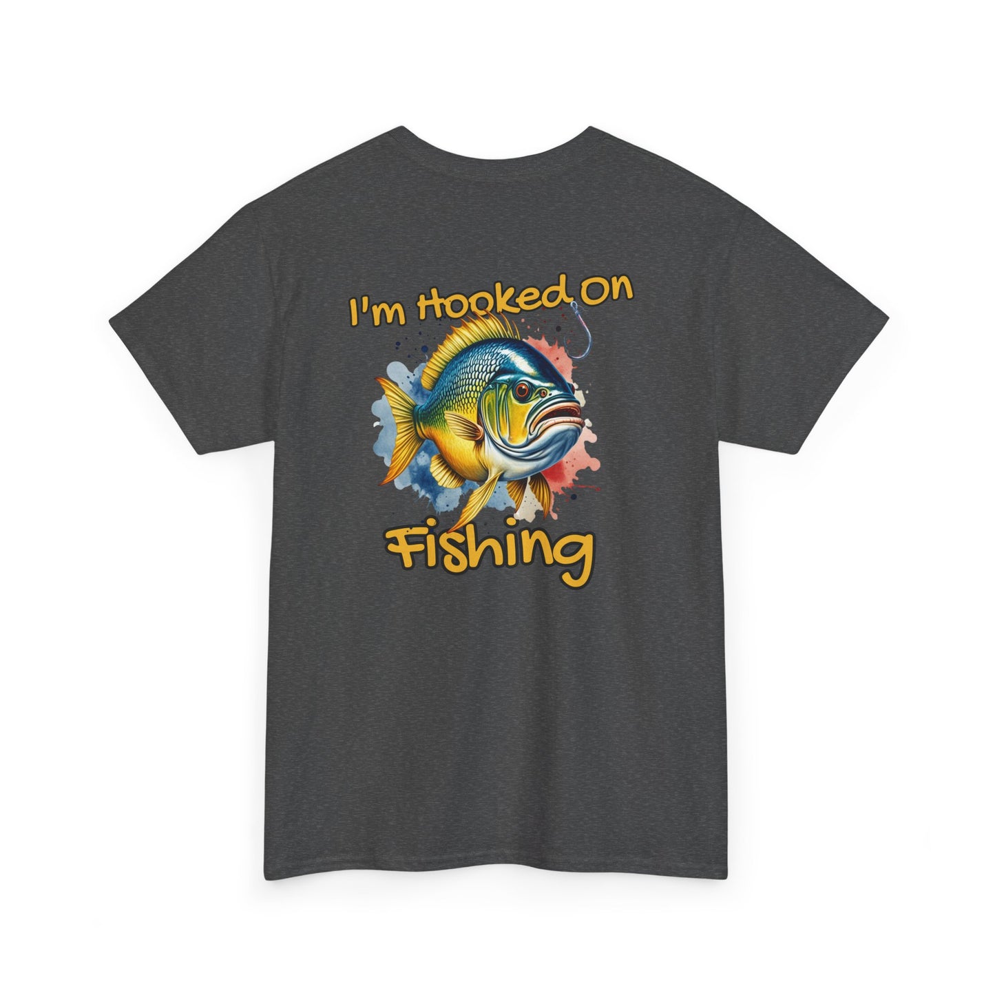 Gray t-shirt with a colorful fish graphic and text 'I'm Hooked On Fishing' on a white background