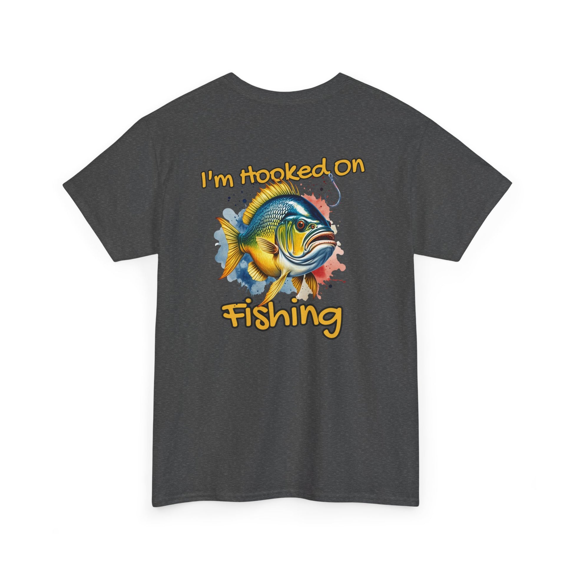 Gray t-shirt with a colorful fish graphic and text 'I'm Hooked On Fishing' on a white background