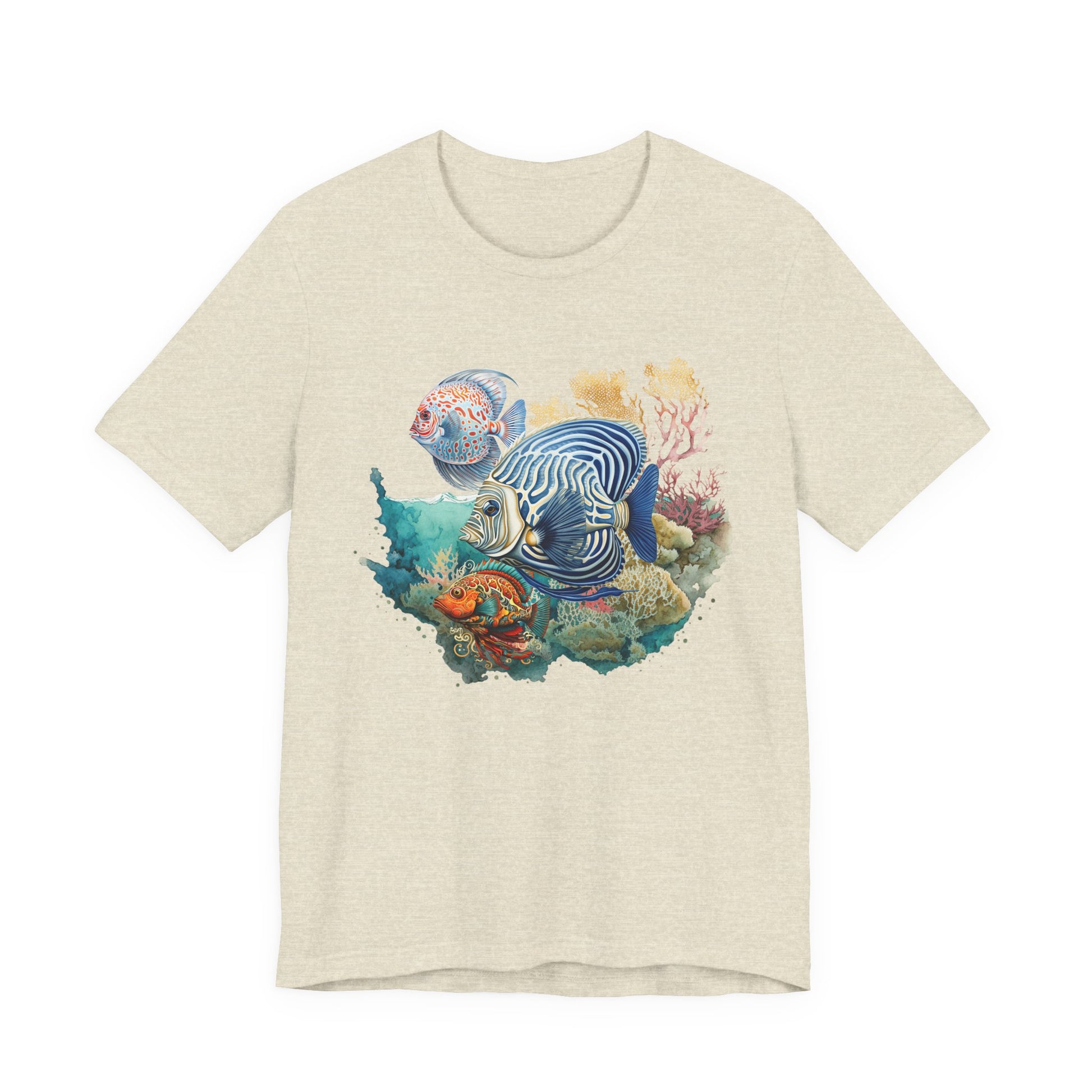Beige t-shirt with a colorful fish graphic on a white background by Caribbean Rays