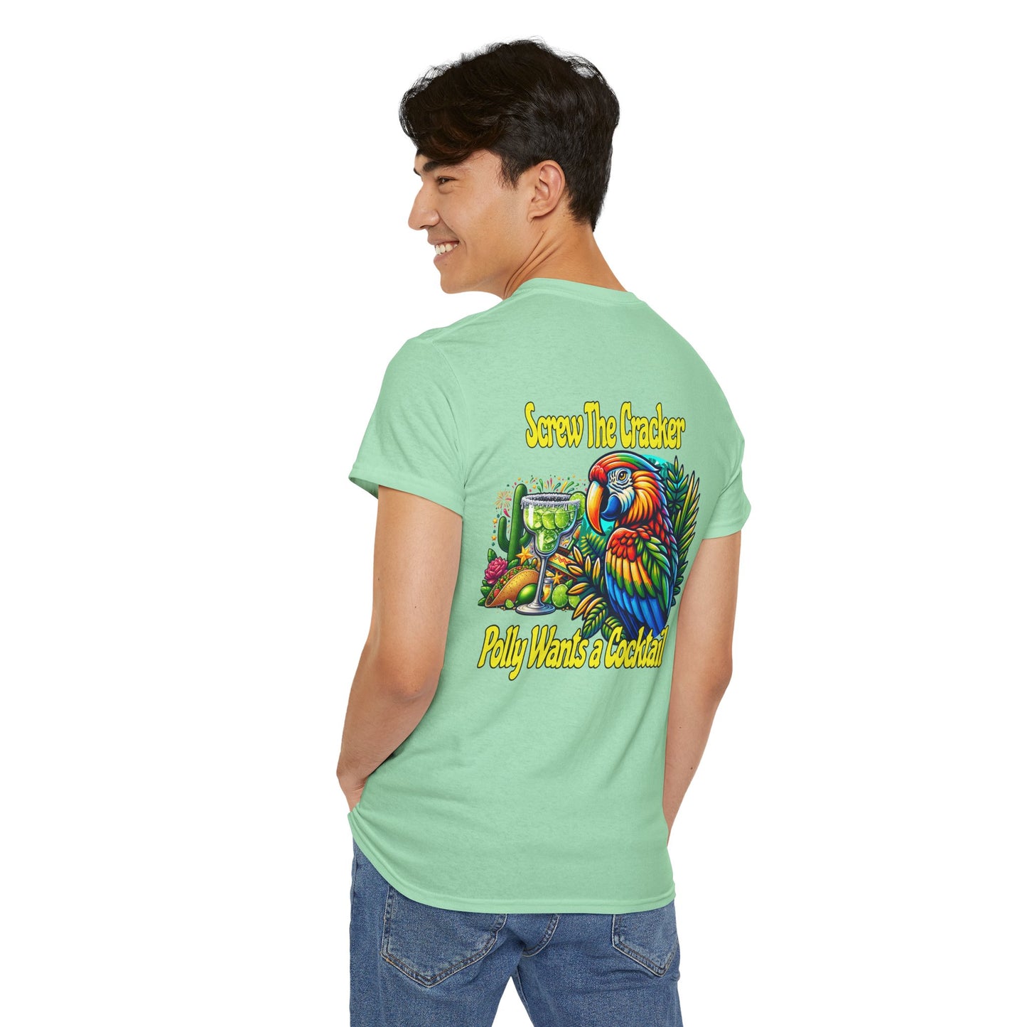 Cocktail Parrot Tee - Fun Retro Style, Unisex  Heavy Cotton T-Shirt,