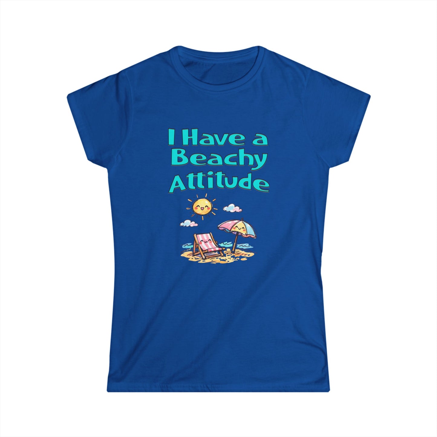 Blue t-shirt with 'I Have a Beachy Attitude' text and beach graphics on a white background