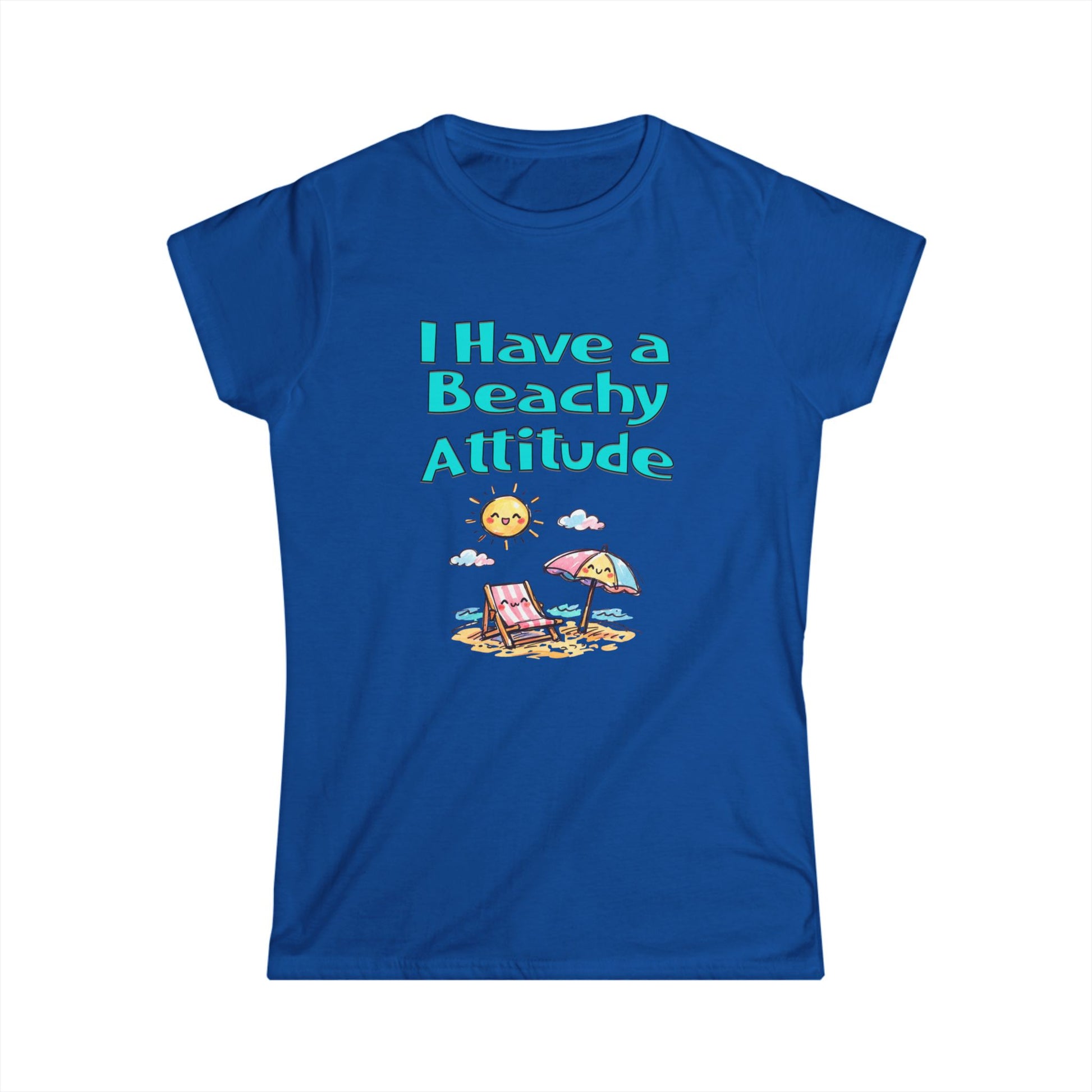 Blue t-shirt with 'I Have a Beachy Attitude' text and beach graphics on a white background