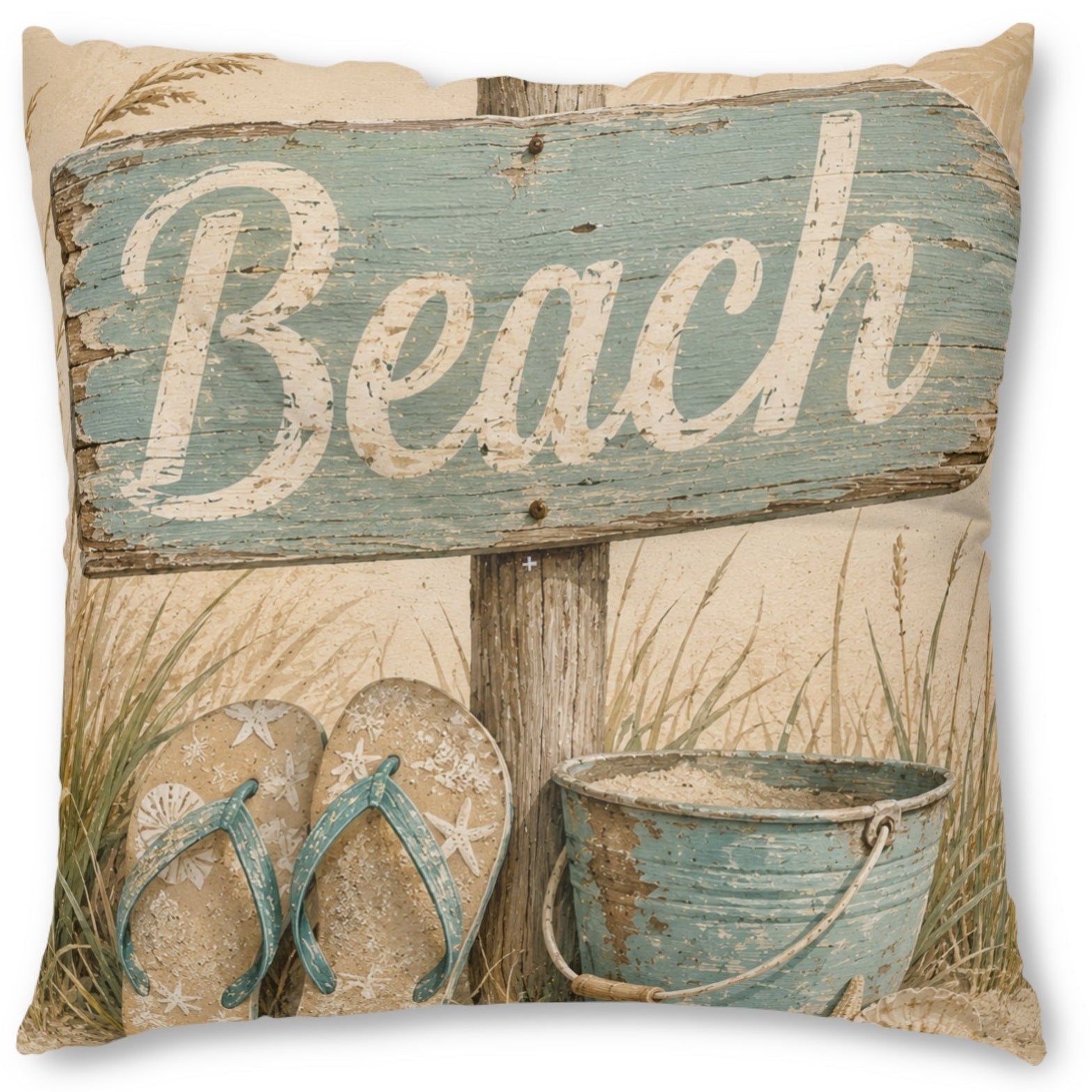 A square decorative throw pillow featuring a rustic beach-themed print with a weathered blue 'Beach' sign, flip-flops, and a blue bucket on a sandy beige background.