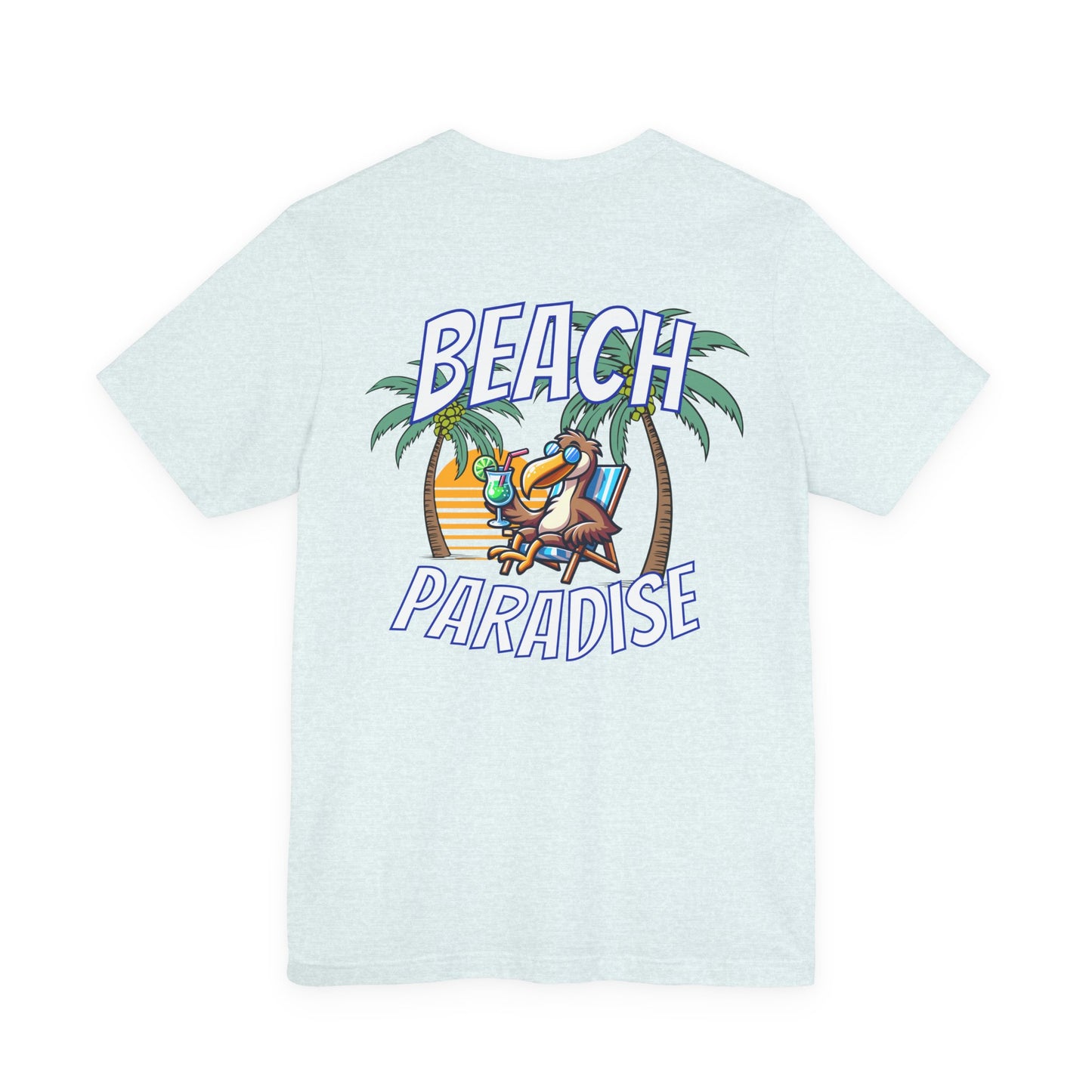 Light blue t-shirt with 'Beach Paradise' graphic on a white background by Caribbean Rays