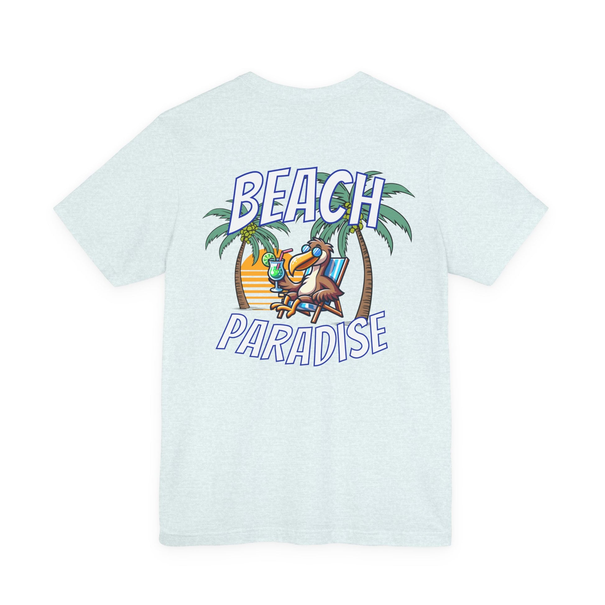 Light blue t-shirt with 'Beach Paradise' graphic on a white background by Caribbean Rays