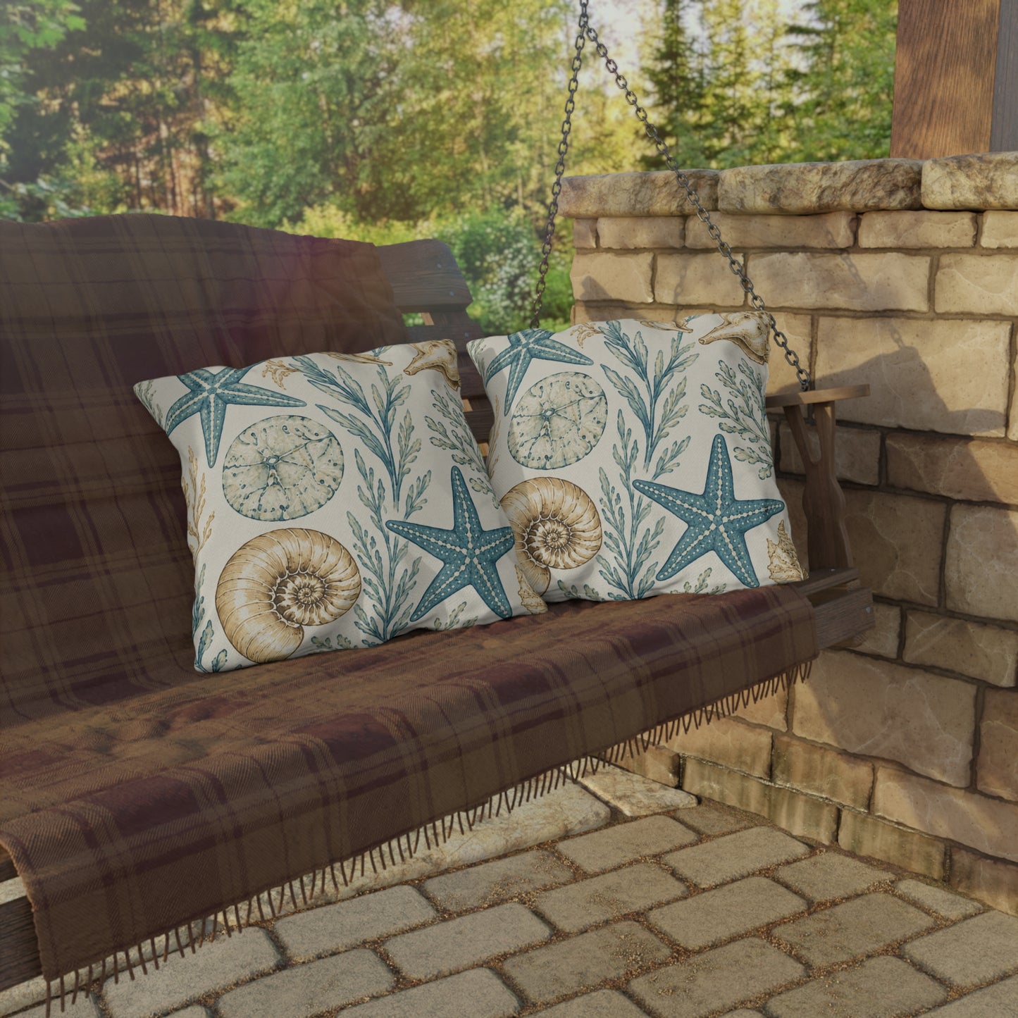 Coastal Shells Outdoor Pillow — Nautical Starfish & Seaweed Patio Cushion