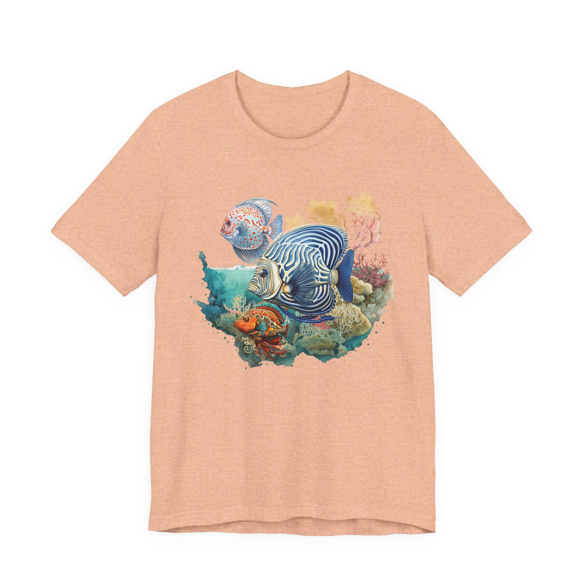 Peach t-shirt with a colorful fish graphic on a white background by Caribbean Rays