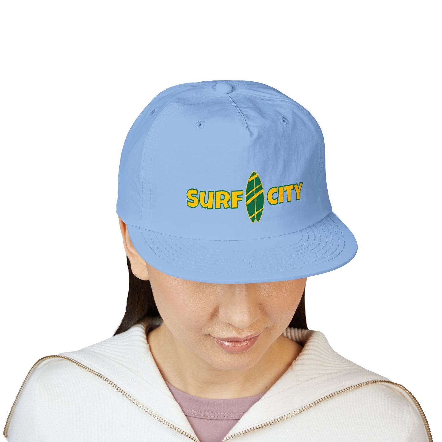 Surf City Embroidered Surf Cap — Retro Surfboard Logo Hat