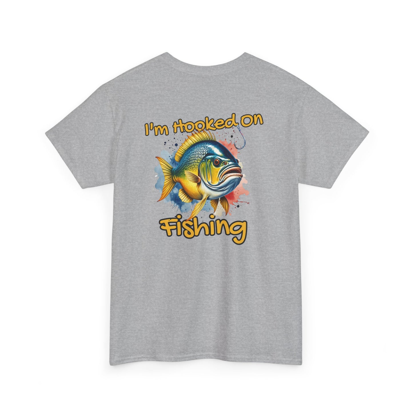Gray t-shirt with a fish graphic and 'I'm Hooked on Fishing' text on a white background