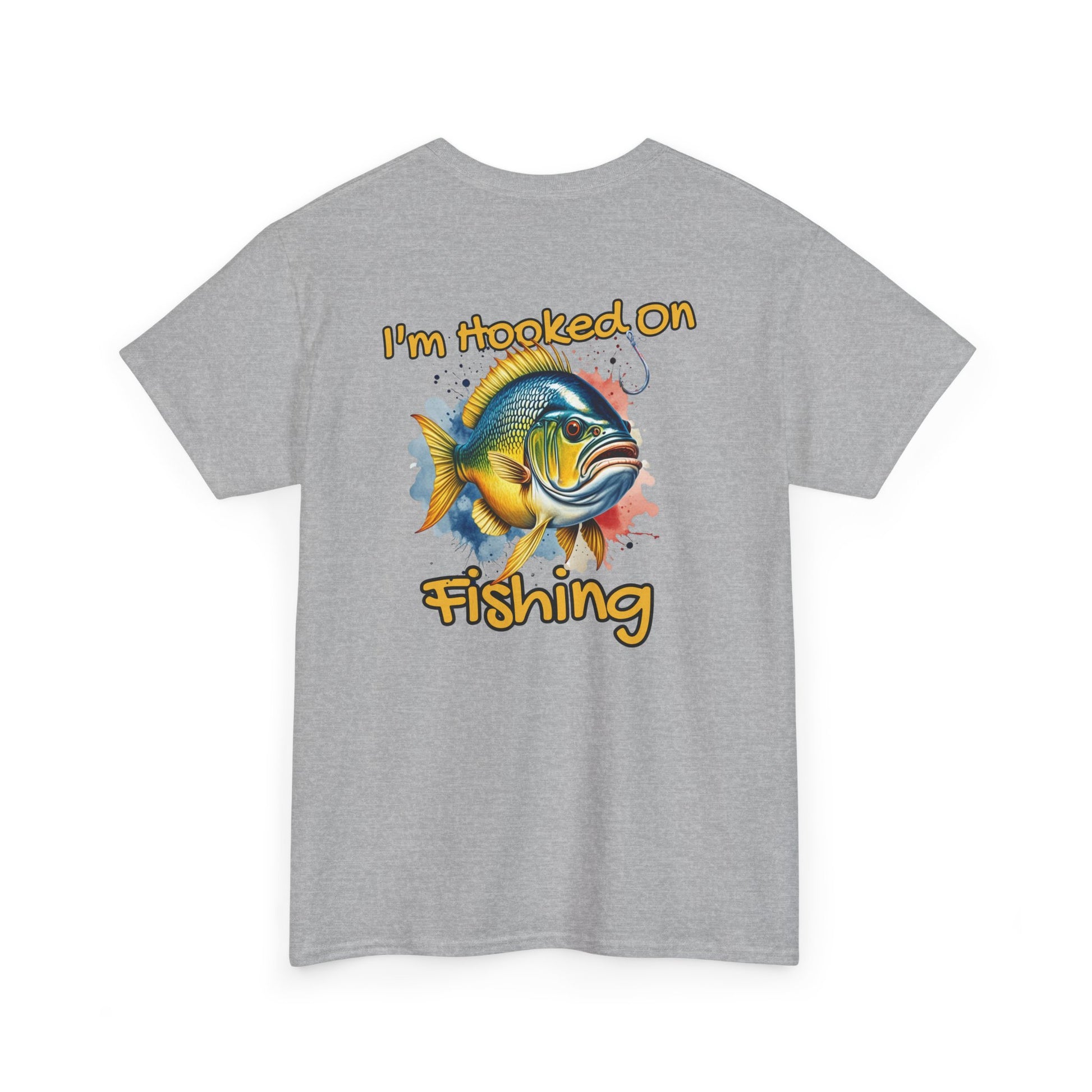 Gray t-shirt with a fish graphic and 'I'm Hooked on Fishing' text on a white background