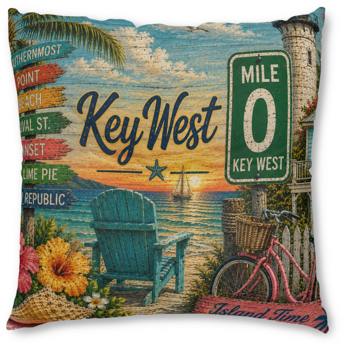 A square decorative throw pillow featuring a vintage-style Key West beach scene print with a blue Adirondack chair, palm leaves, flowers, a bicycle, a lighthouse, and a green Mile 0 sign.