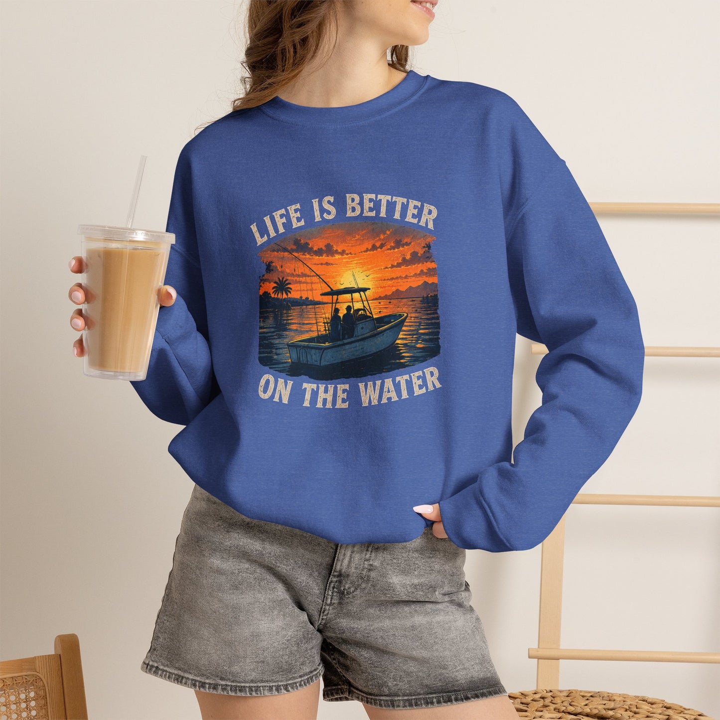 "Life Is Better On The Water" Crewneck Sweatshirt -Boat Sunset Graphic