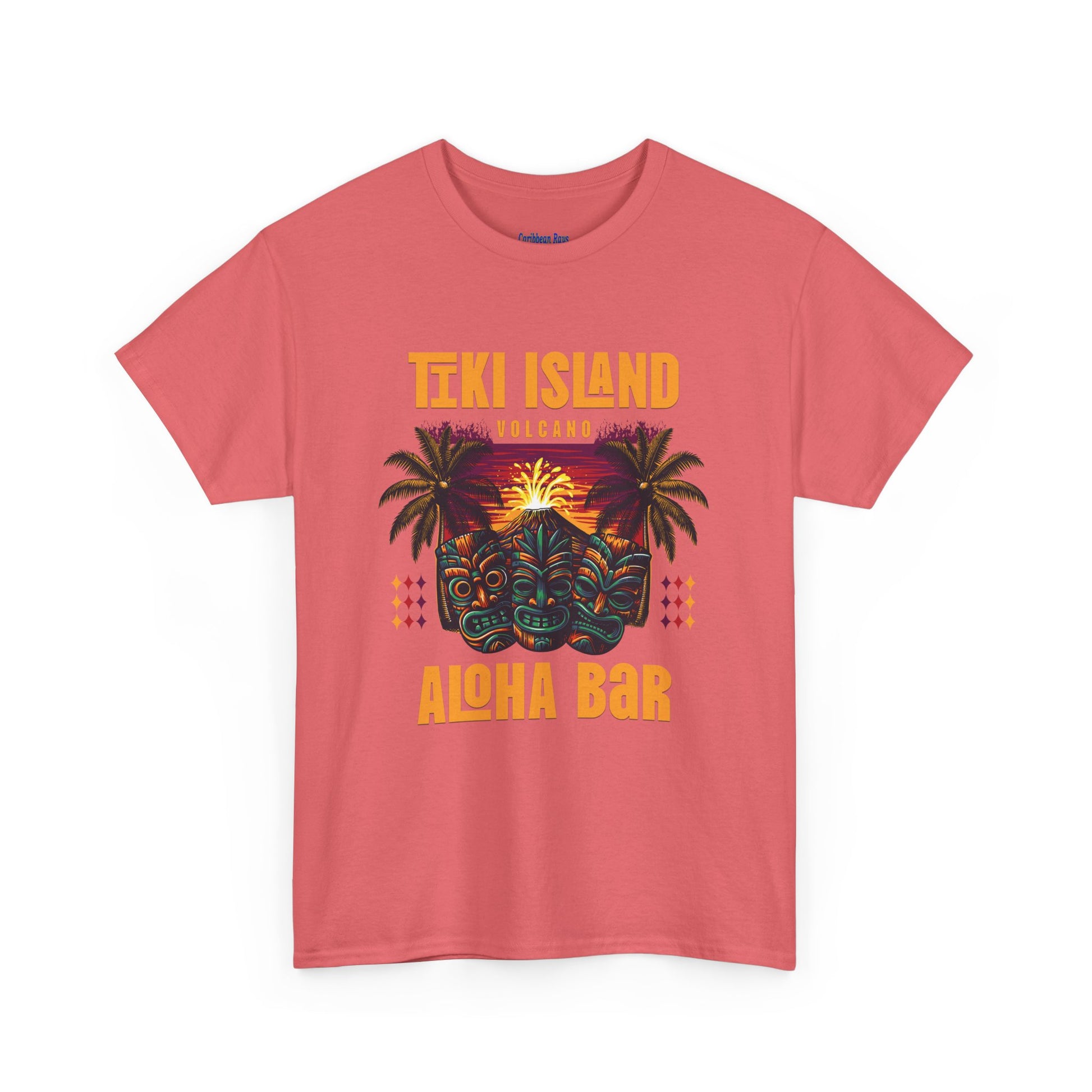 Pink t-shirt with Tiki Island Aloha Bar design on a white background  at Caribbean Rays