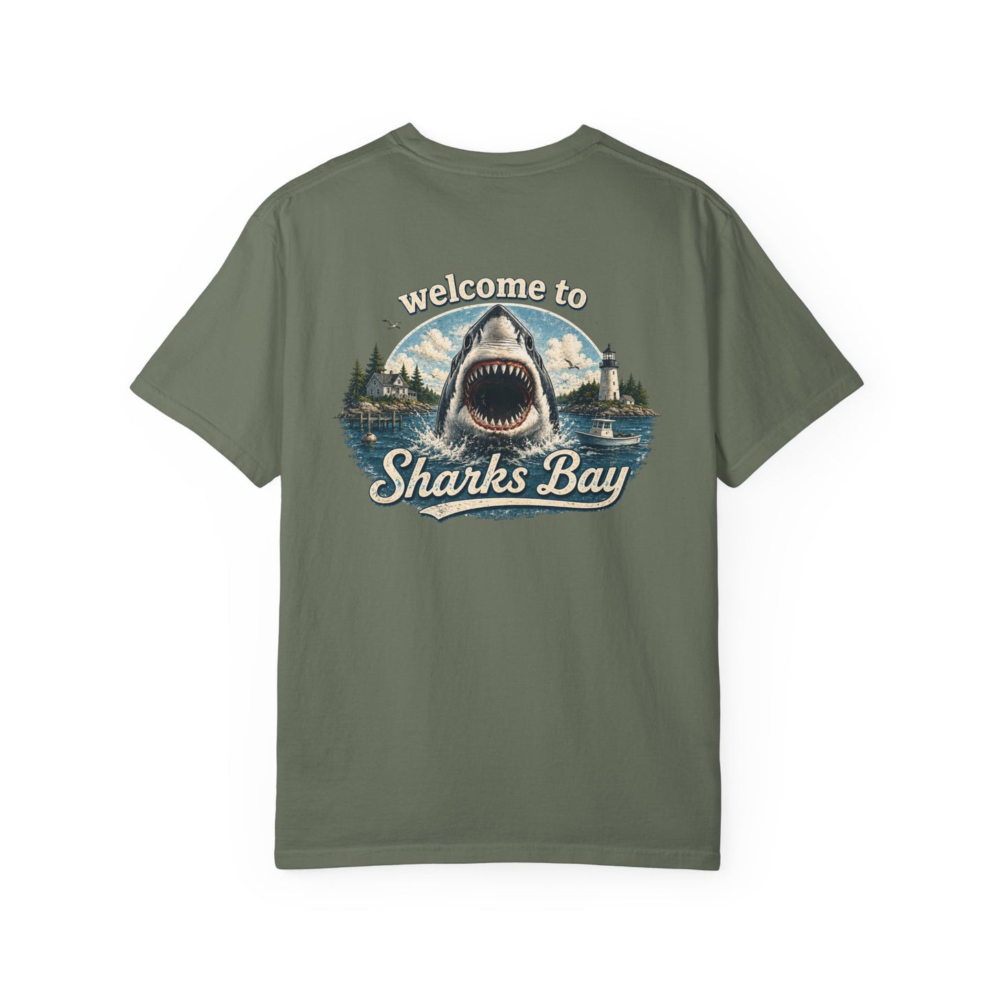 Sharks Bay T-Shirt — "Welcome to Sharks Bay" Vintage Shark Graphic Tee