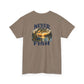 A taupe brown short-sleeve t-shirt with a vintage-style graphic on the chest that reads 'NEVER TOO OLD TO FISH' around a sunset lake scene with a canoe, shown on a plain white background.