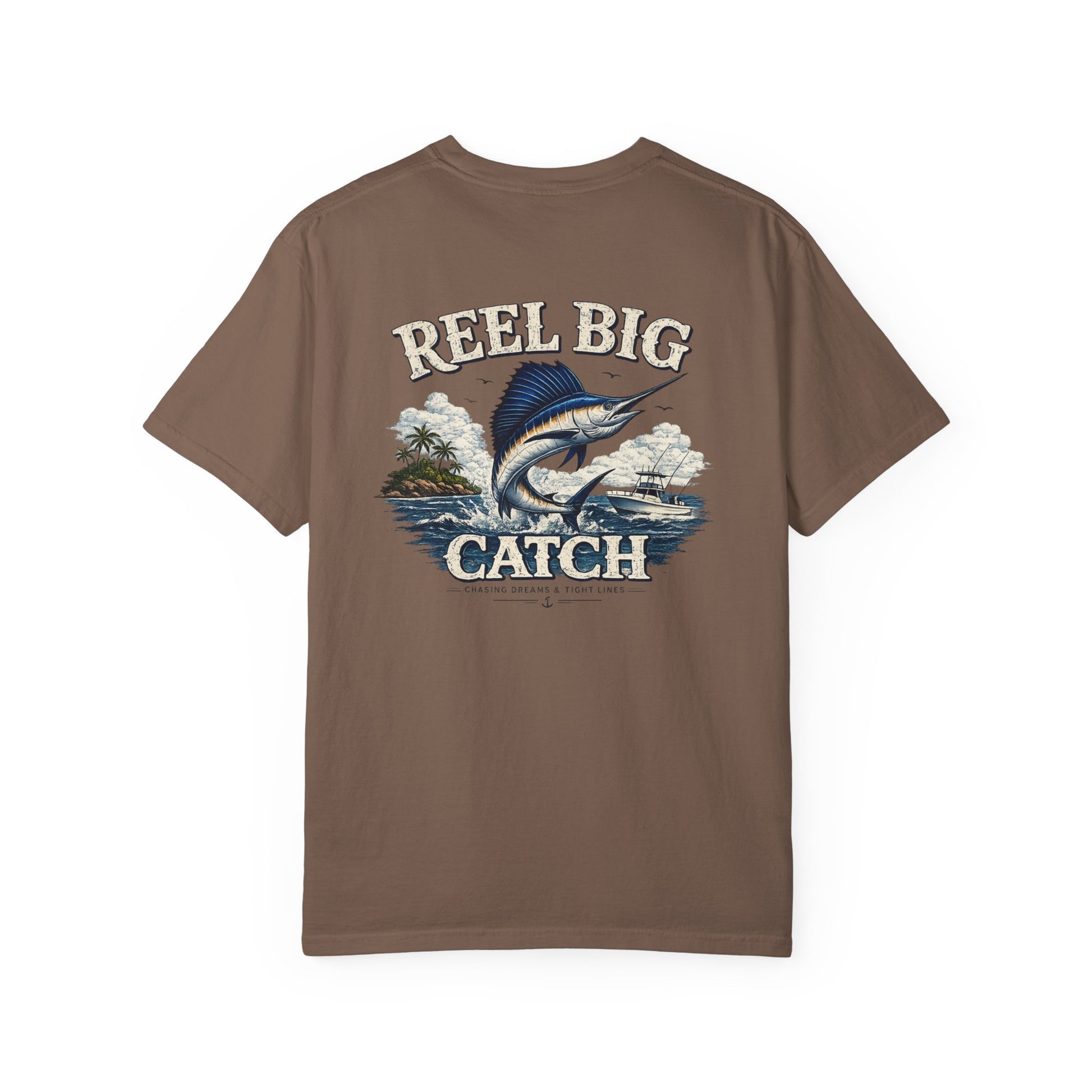Brown t-shirt with 'Reel Big Catch' graphic and marlin design on a white background