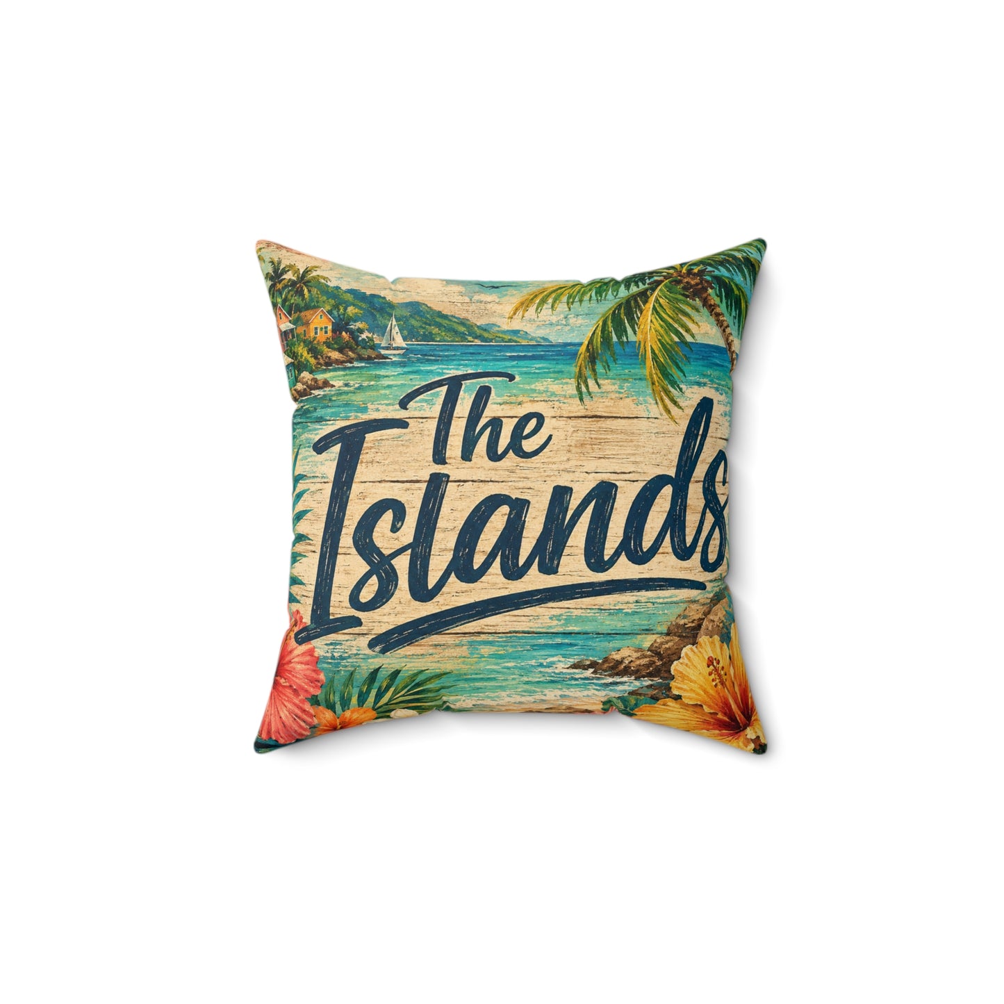 Square polyester pillow with tropical beach print and palm leaves, 'The Islands' lettering