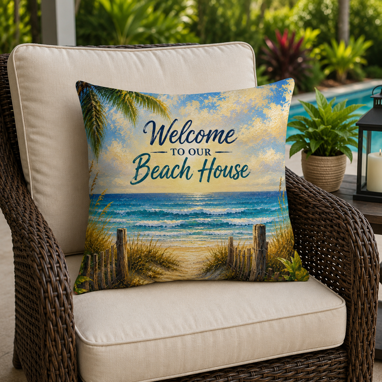 Welcome to Our Beach House Outdoor Pillow — Coastal Decorative Accent for Patio, Porch & Beach Home