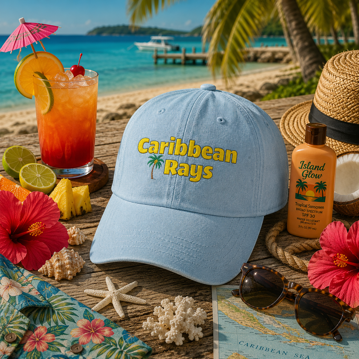 Caribbean Rays Embroidered Denim Hat – Tropical Palm Baseball Cap