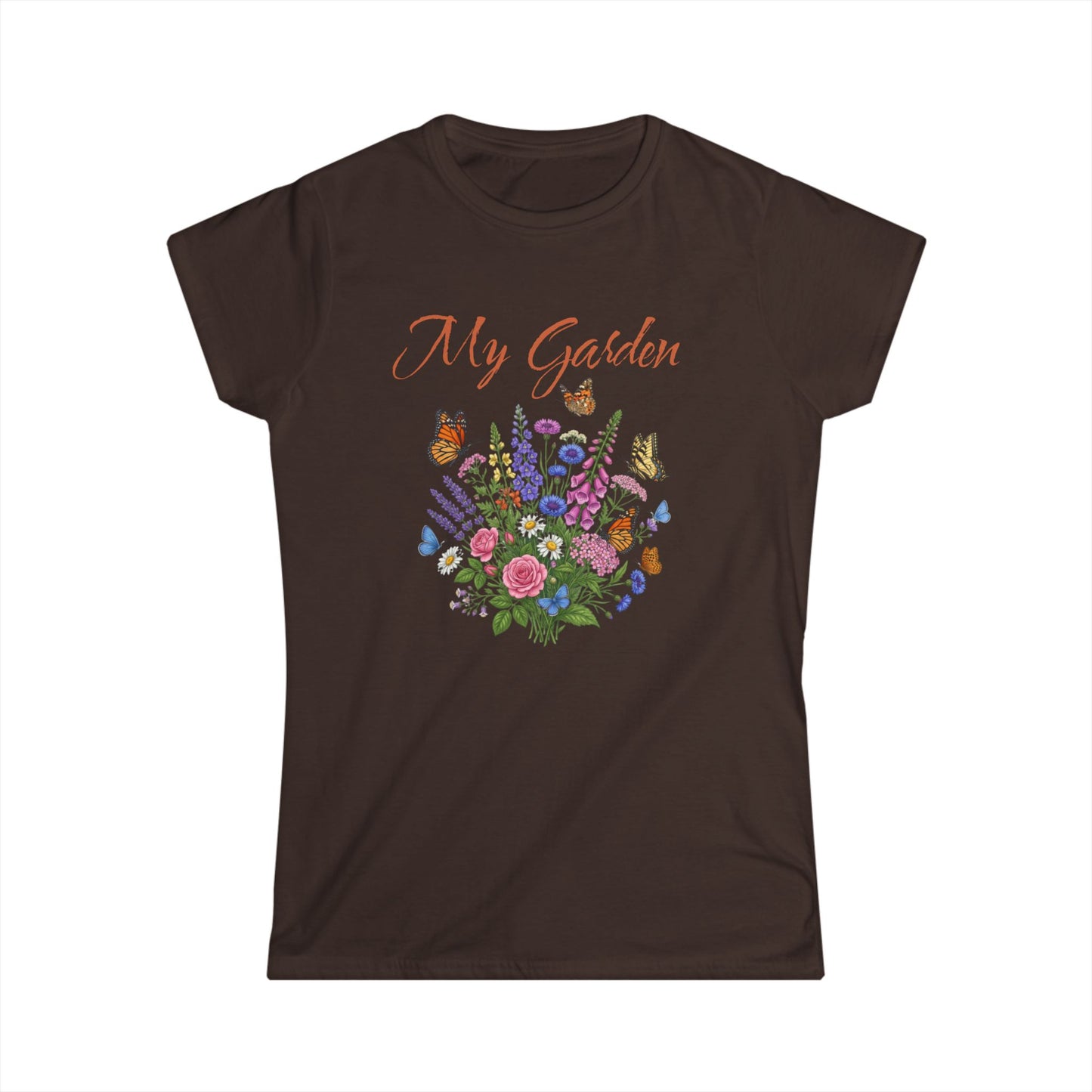 Brown t-shirt with floral design and 'My Garden' text on a white background