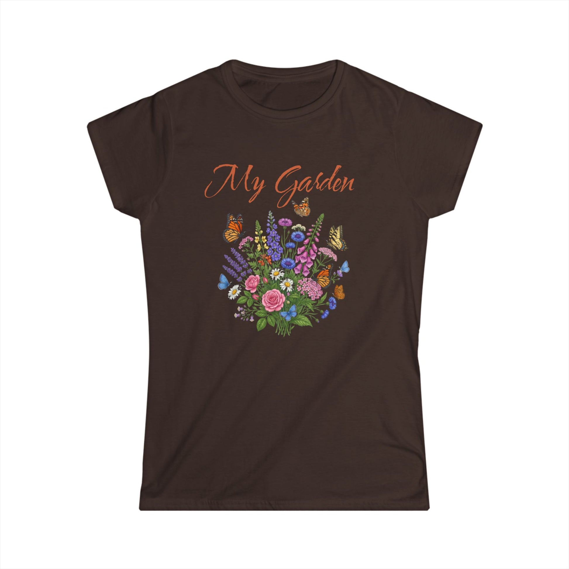 Brown t-shirt with floral design and 'My Garden' text on a white background