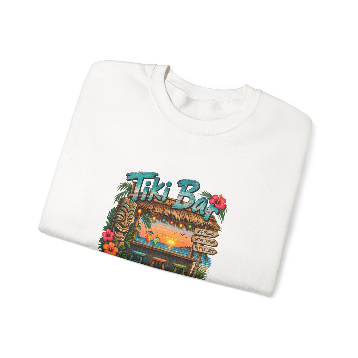 Tiki Bar Crewneck Sweatshirt — Retro Tropical Sunset Design