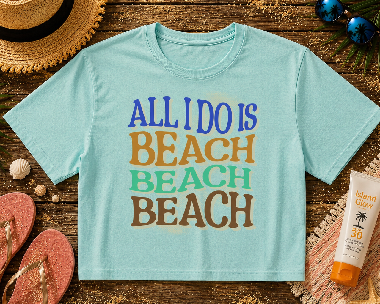 Light blue t-shirt with 'All I Do is Beach' text on a wooden surface with beach accessories.