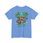 Blue t-shirt with a tropical graphic and text on the back