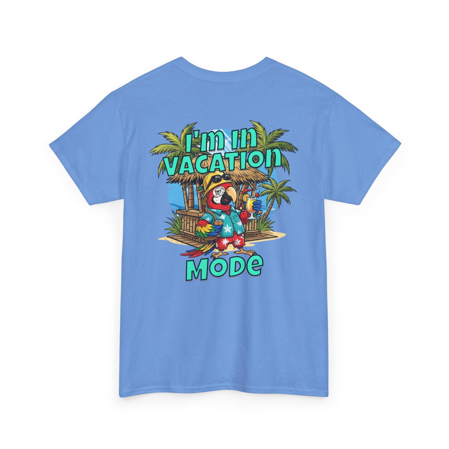 Blue t-shirt with a tropical graphic and text on the back