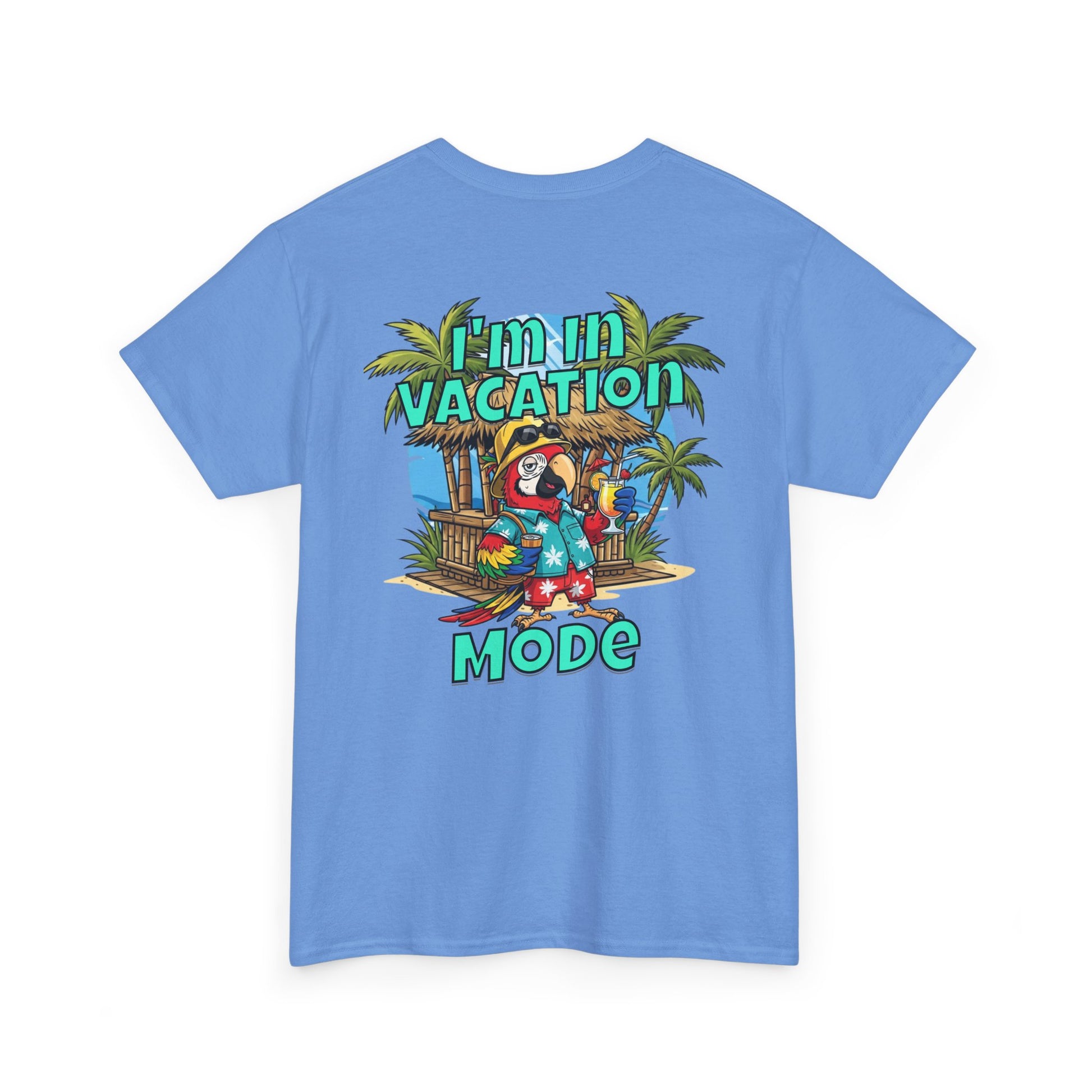 Blue t-shirt with a tropical graphic and text on the back