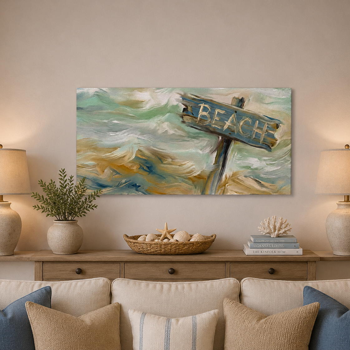 Living room with a 'BEACH' sign painting above a wooden console table.