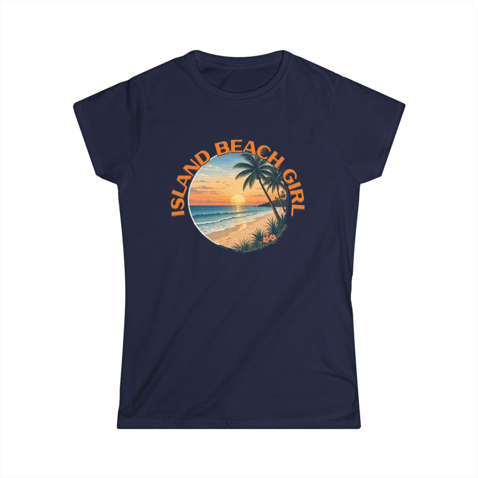 Navy blue t-shirt with 'Island Beach Girl' graphic design on a white background