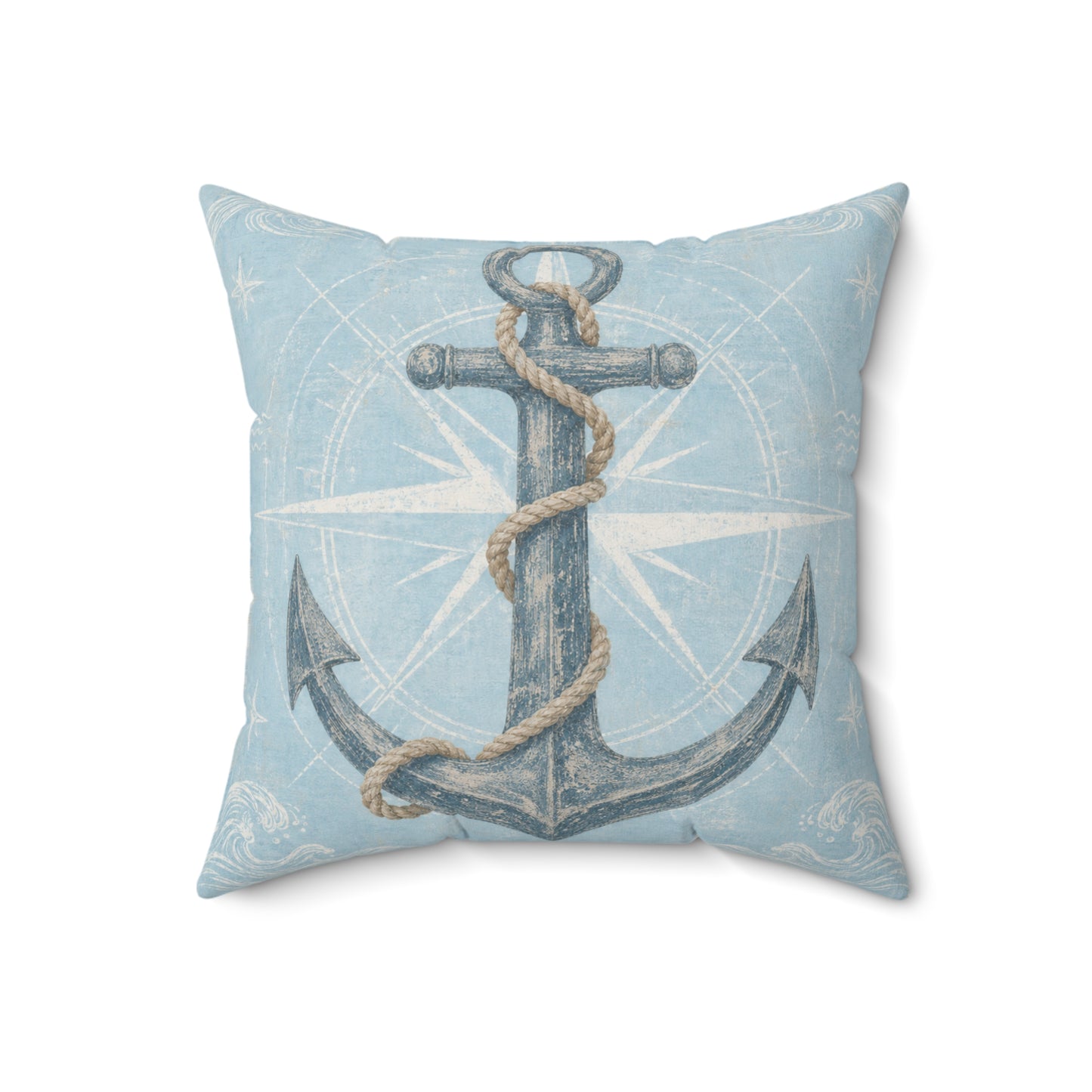 Light blue square pillow with bold anchor graphic and rope twist design