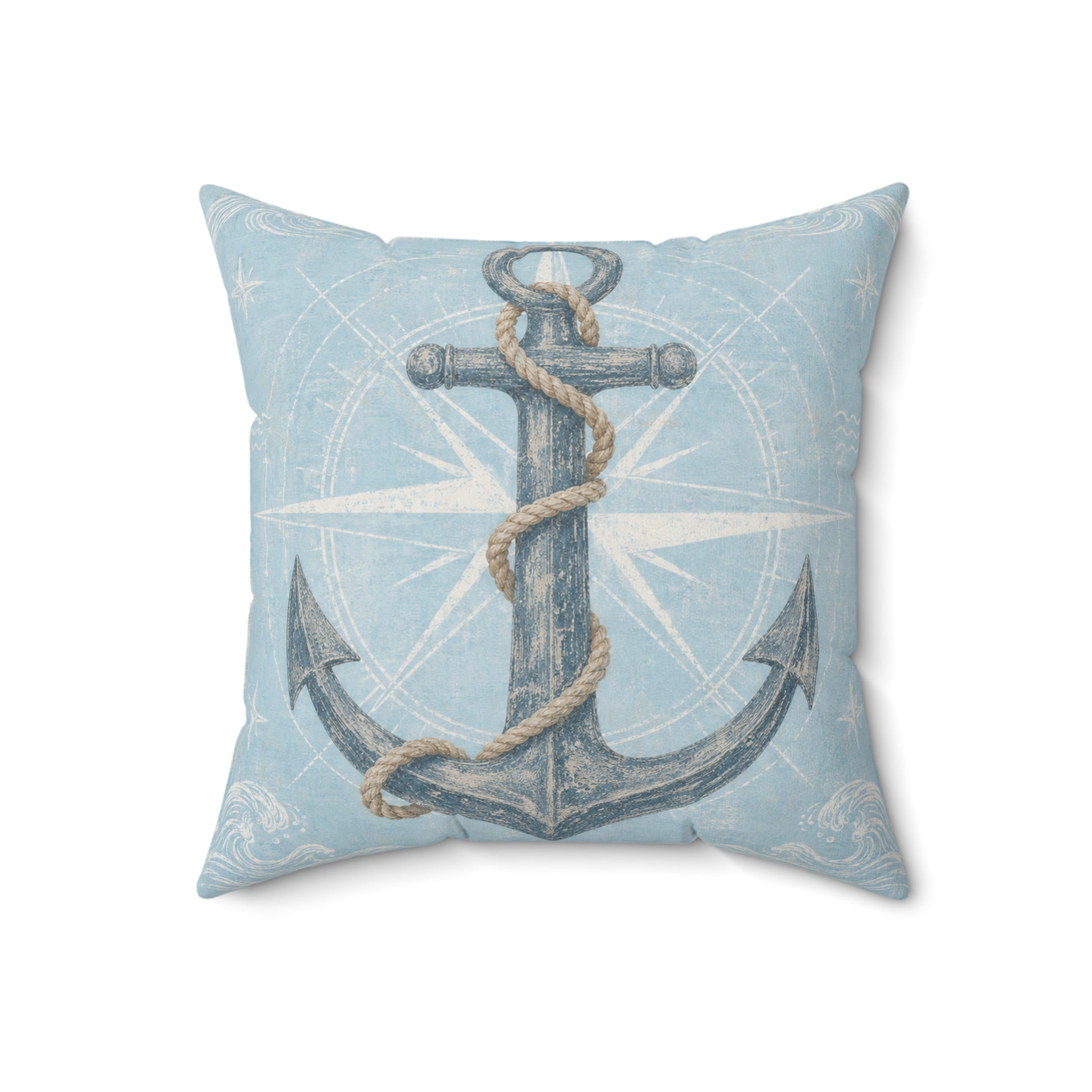 Light blue square pillow with bold anchor graphic and rope twist design
