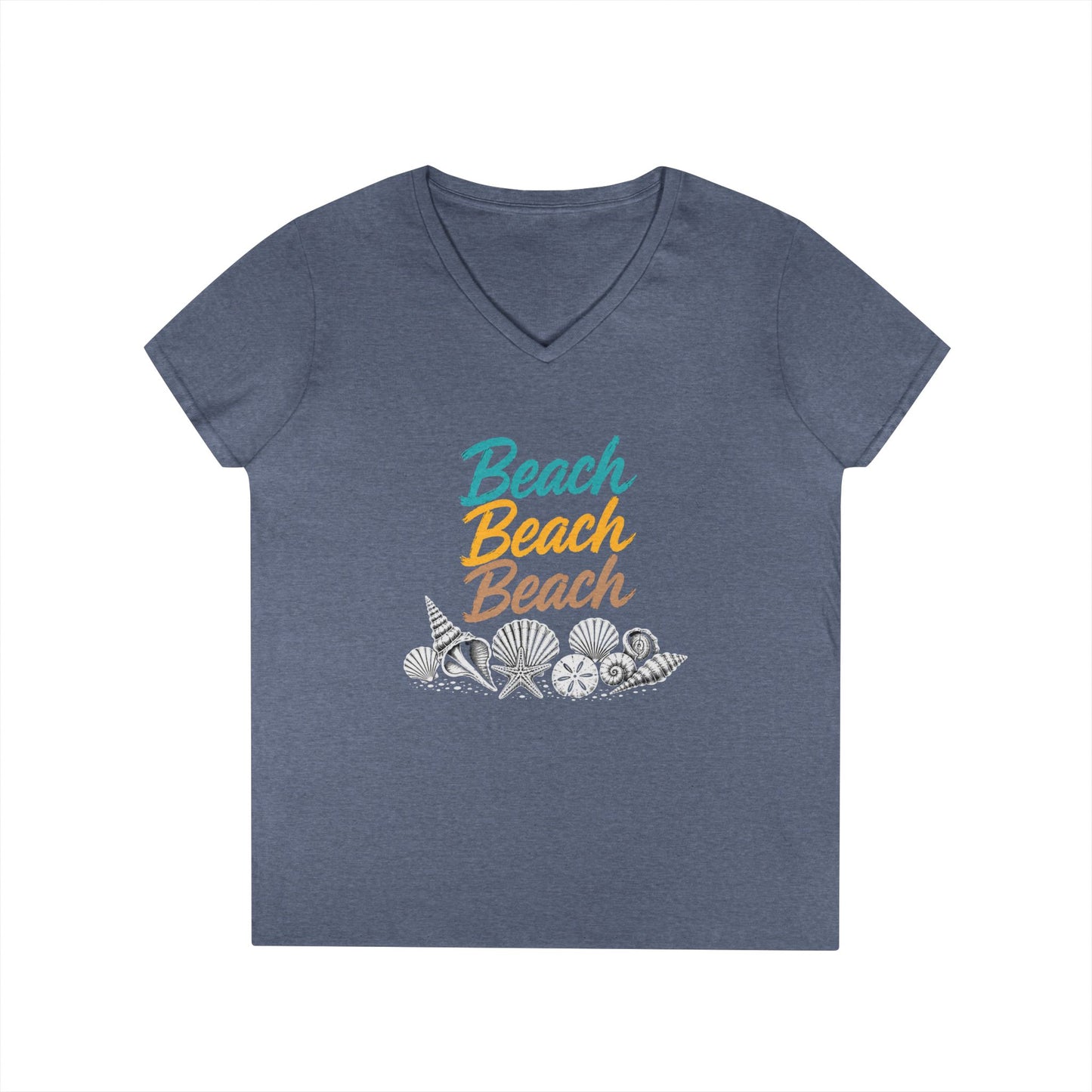 Beach Beach Beach Script V-Neck Tee — Women’s Casual Coastal T-Shirt