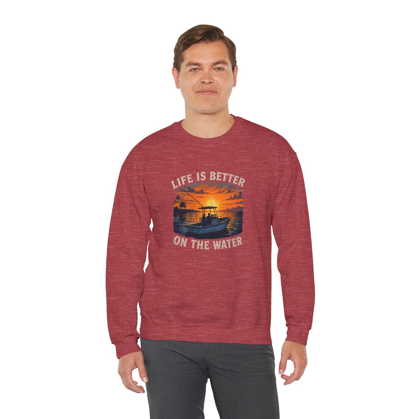 "Life Is Better On The Water" Crewneck Sweatshirt -Boat Sunset Graphic