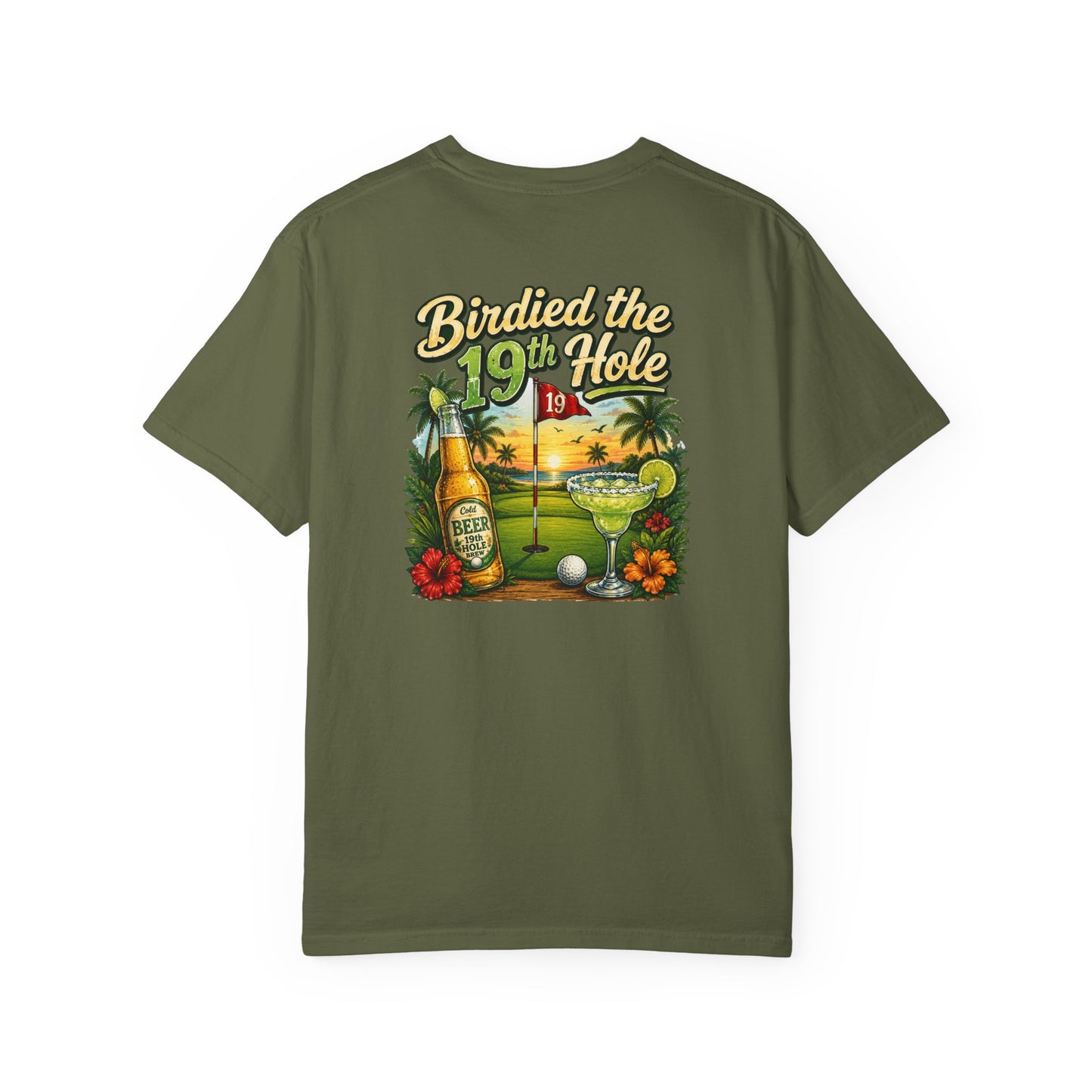 Golf T-Shirt — 'Birdied the 19th Hole' Tropical Golf Beer Design