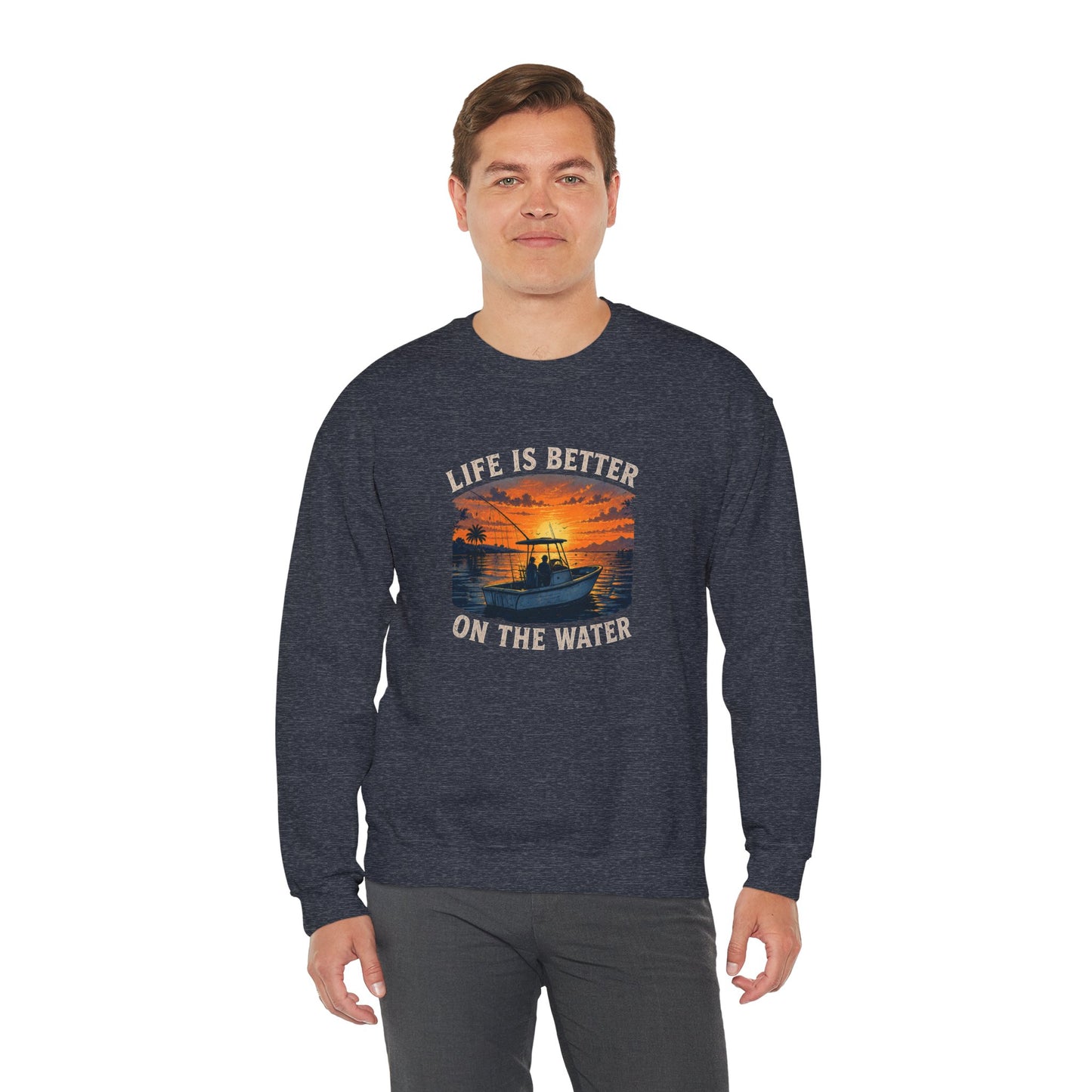 "Life Is Better On The Water" Crewneck Sweatshirt -Boat Sunset Graphic
