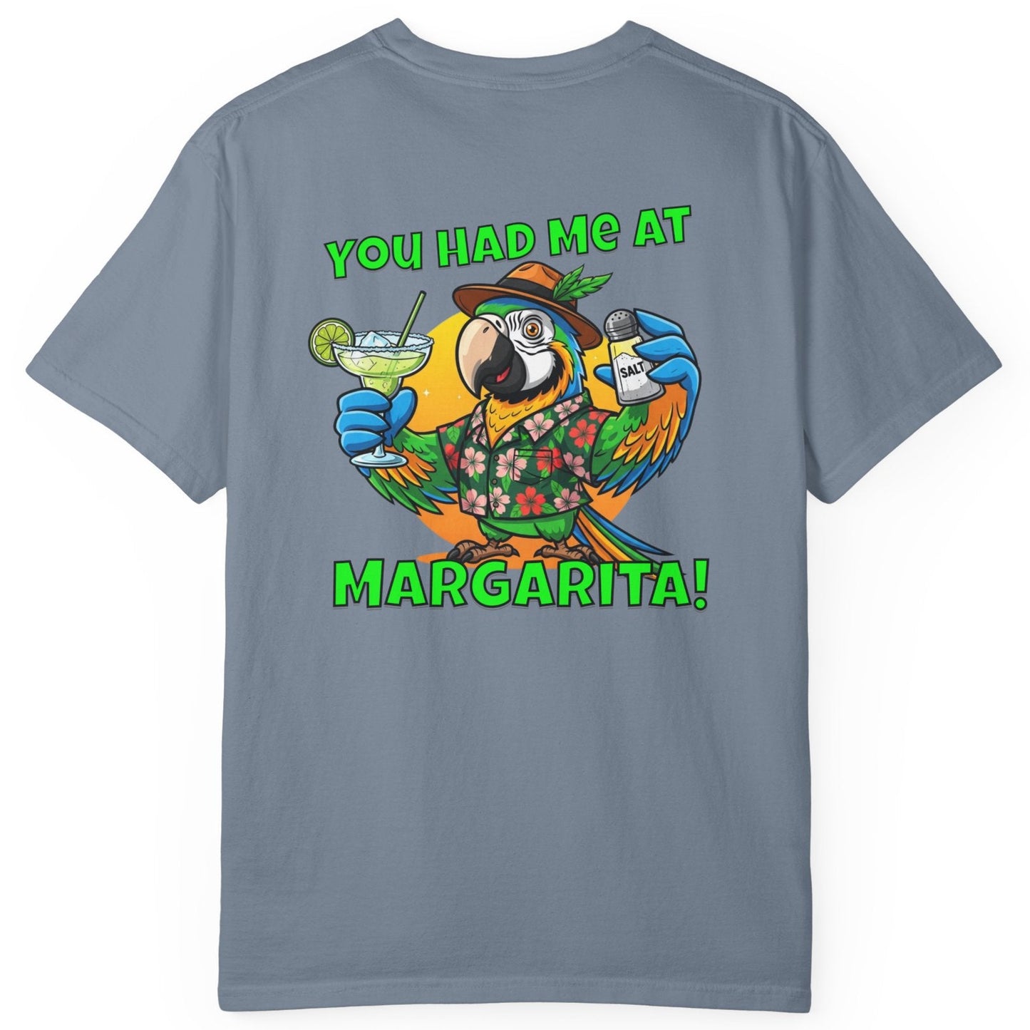 Gray t-shirt with a parrot graphic and text on the back, on a white background
