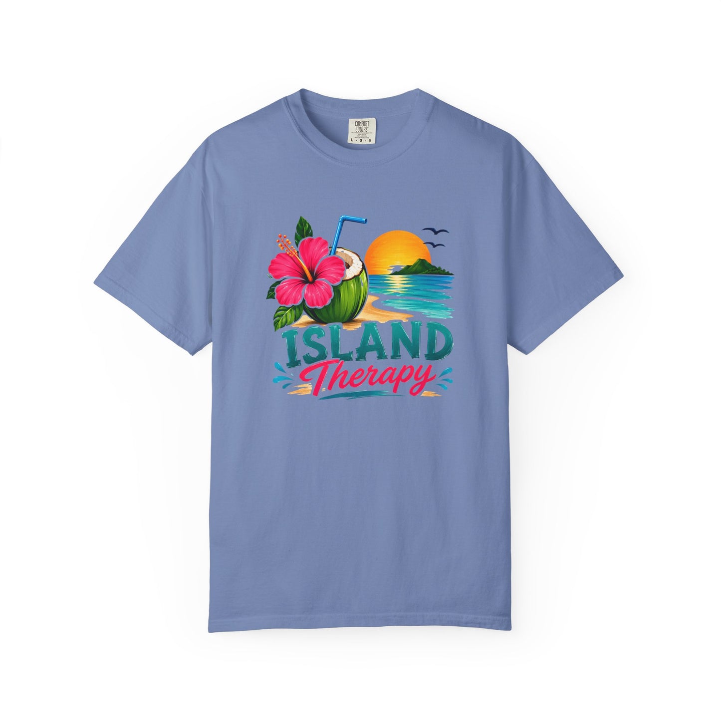 Island Therapy T‑Shirt — Tropical Sunset Coconut Drink Beach Tee