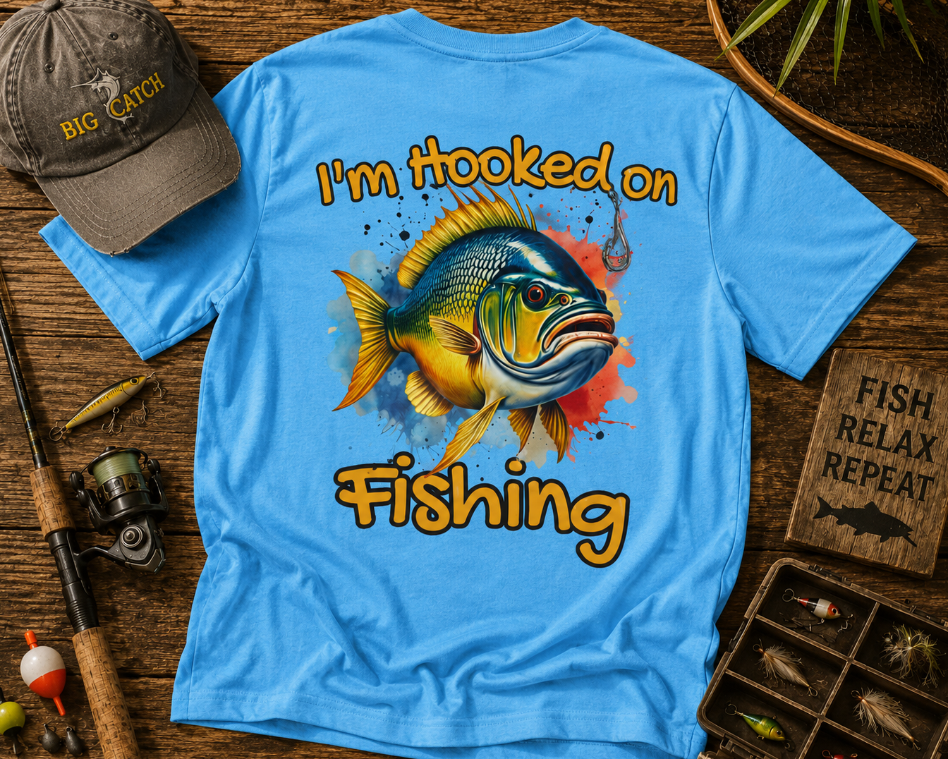 Blue t-shirt with fish graphic and 'I'm Hooked on Fishing' text, accompanied by a cap and fishing paraphernalia on a wooden surface.