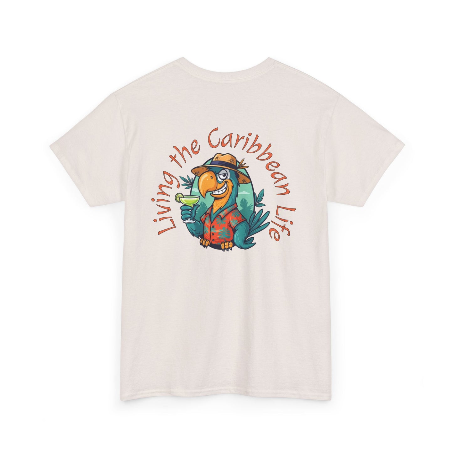 T-shirt with a parrot graphic and 'Living the Caribbean Life' text on a white background