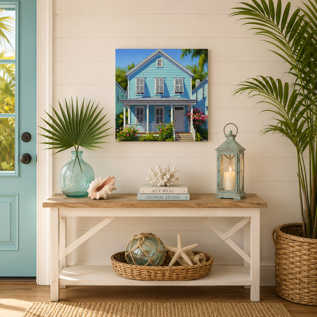 Nautical-themed entryway with a wooden bench, decorative items, and a painting of a house.