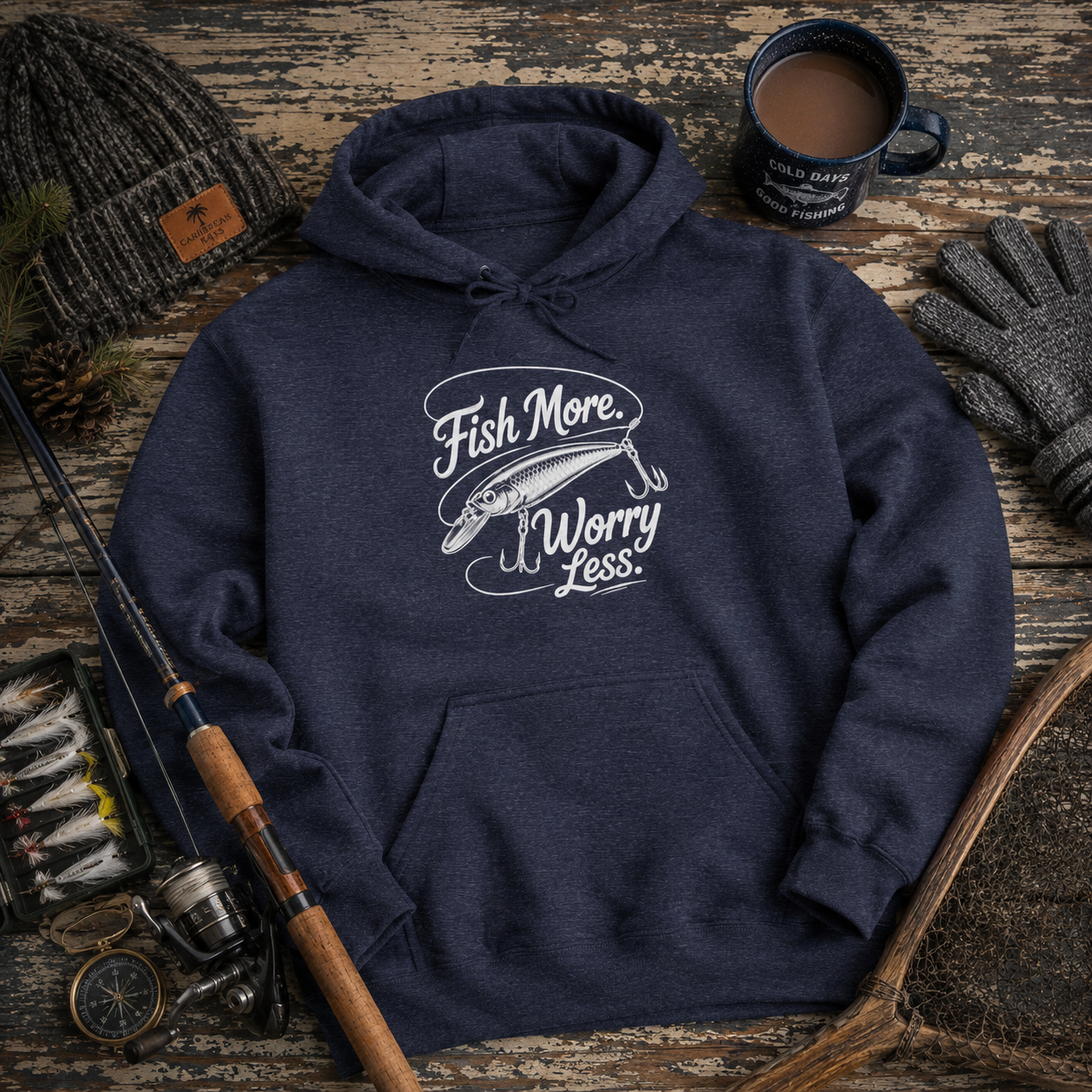 Fishing Hoodie - "Fish More Worry Less" Graphic Pullover